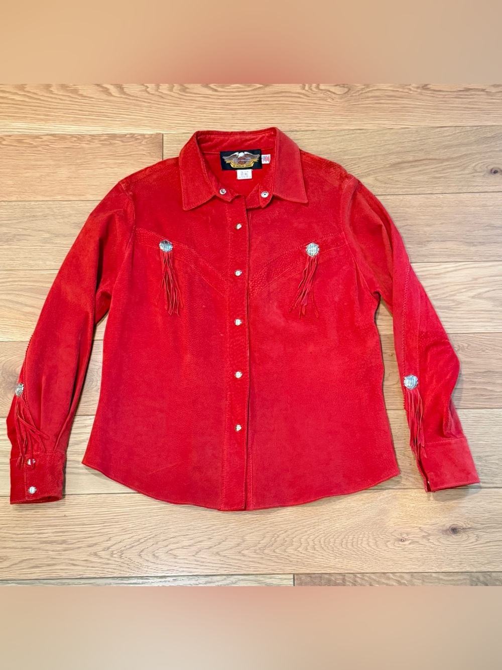 Harley Davidson Red Leather Womens Western Jacket Fringe Snap Front Small